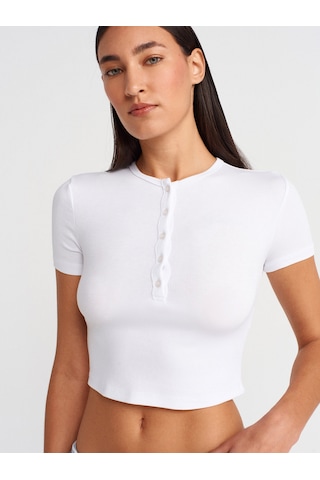 Dilvin 31647 Düğme Detaylı Crop Top-beyaz Beyaz