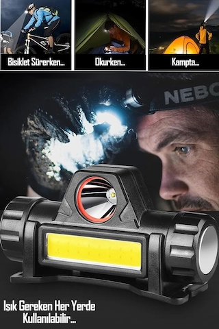 Kafa Lambası Led Şarjlı Su Geçirmez Darbeye Dayanıklı Kamp İş Kafa Feneri 6500k 4w Siyah