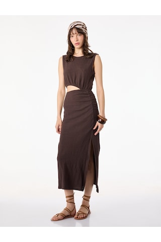 Koton Pamuklu Pencere Detaylı Kolsuz Bisiklet Yaka Midi Slip Elbise Kahverengi 6sal80007ık Kahve