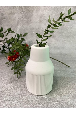İskandinav Konik Çizgili Pampas Beyaz Beton Vazo 9.5 X 6 Cm