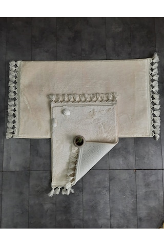 Elite Krem Ponpon Saçaklı Peluş 2'li Banyo Paspası Halısı Kaymaz Taban Klozet Takımı Püsküllü Krem