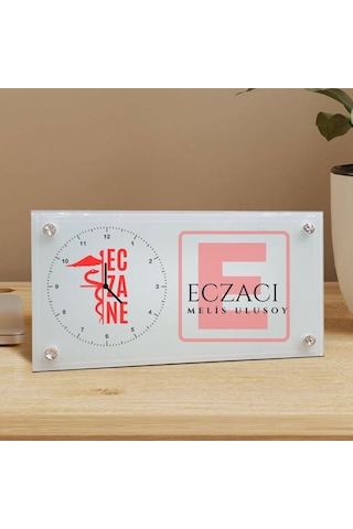 Eczacılara Özel İsim Yazılı Cam Saat - Logolu Eczane Masası Saati Beyaz
