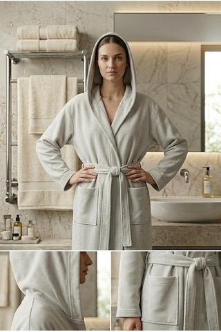 Soft Comfort Lacost Örgü Unisex Kapüşonlu Bornoz Gri