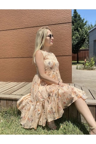 Meissa Fashion Bisiklet Yaka Elbise Çiçekli Askılı Yazlık