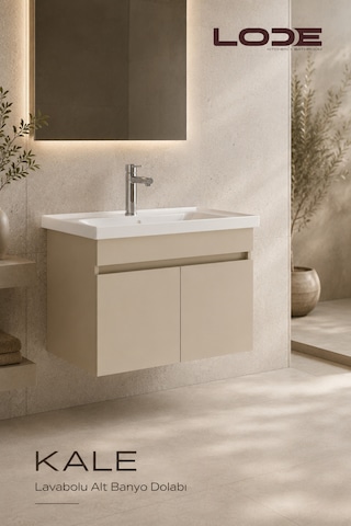 Lode Bath Kale Demonte Lavabolu Alt Banyo Dolabı, Seramik Lavabo Dahil 80 Cm Kumtaşı