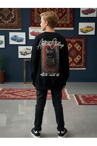 Zekids Erkek Çocuk Sırtı Araba Baskılı Tasarım Sweatshirt-16619 Siyah