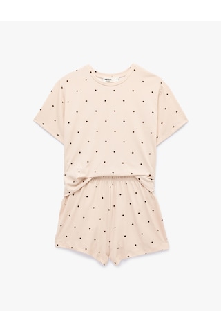 Koton Puantiyeli Rahat Kesim Bisiklet Yaka Kısa Kollu Şortlu Pijama Takımı Kahverengi Desenli 6slk40199mk