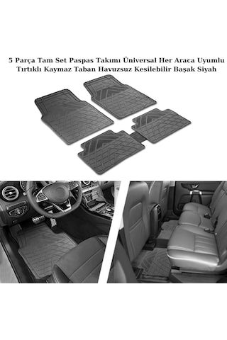 5 Parça Tam Set Paspas Takımı Üniversal Her Araca Uyumlu Tırtıklı Kaymaz Taban Kesilebilir Eko Başak Siyah 1 Adet