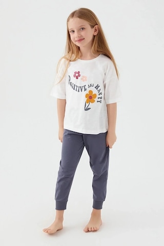 Kız Çocuk Kısa Kollu Çiçekli Pijama Takım-12637 Beyaz
