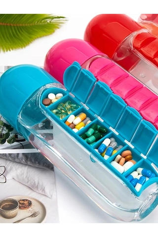 Lexroo Kutulu Su Matarası, Pillbox Kutusu Su Şişesi, Hazneli Su Şişesi Çok Renkli