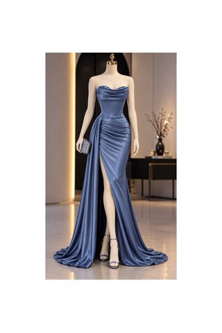 Butik İstanbul Kadın Yırtmaçlı Uzun Saten Elbise B. İndigo