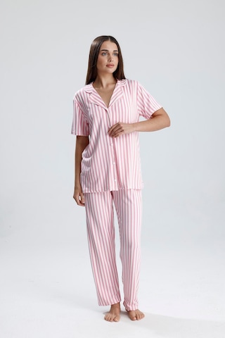 Kompedan Çizgili Önden Düğmeli Kadın Pijama Takımı - Pembe