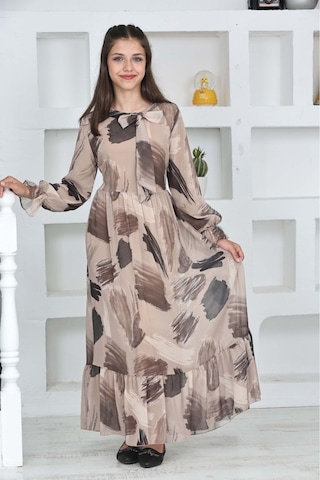 Genç Kız Pamuk Astarlı Şifon Kumaş Uzun Tam Boy Tesettür Elbise Vizon