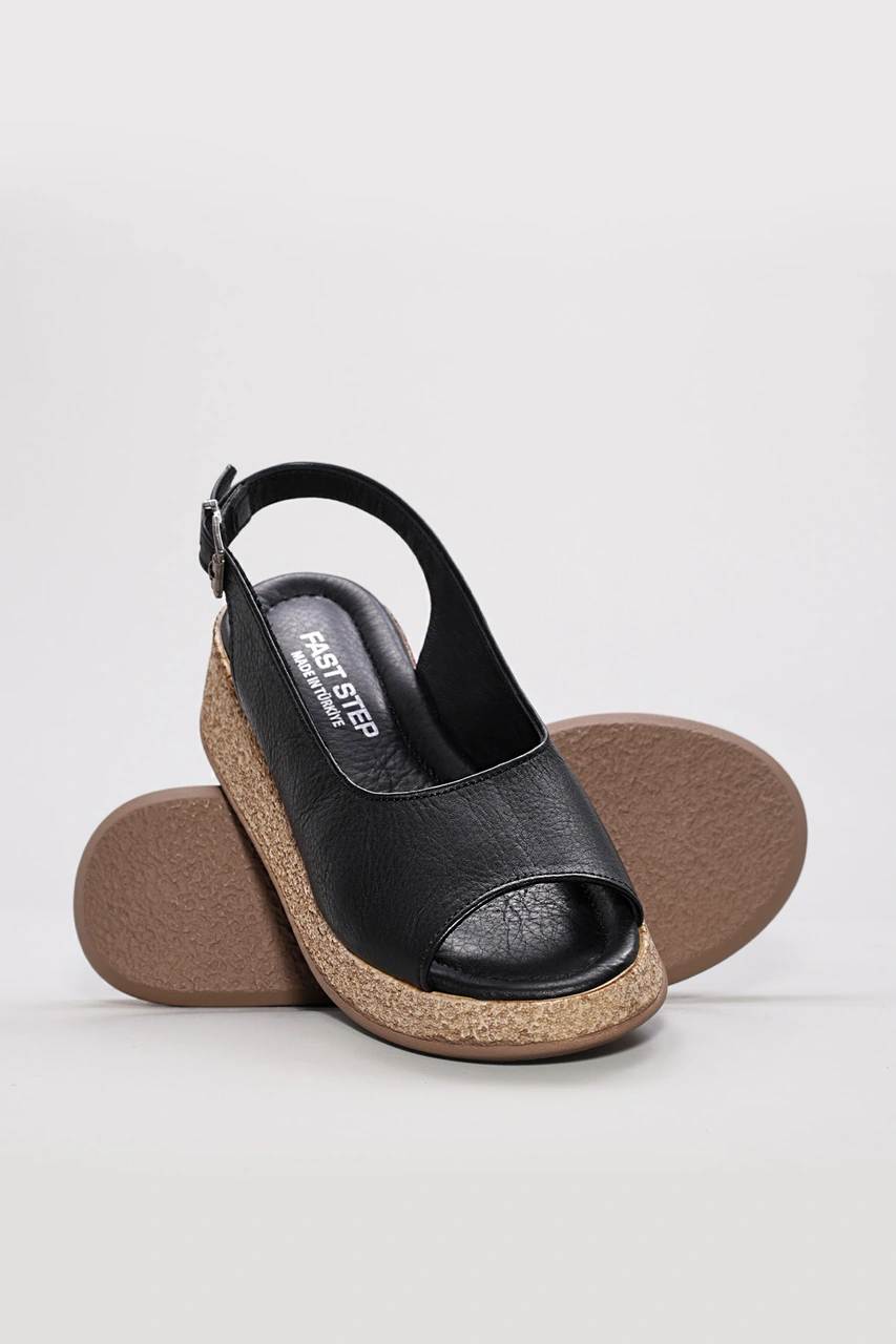Fast Step Hakiki Deri Kadın Dolgu Topuk Sandalet 227za15319 Siyah
