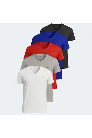 Slazenger KATRINA 5 li Set Erkek Beyaz - Siyah - Gri - Saks Mavi - Kırmızı Tişört