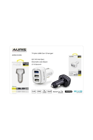 Auris 5.4A Araç Şarj Başlığı 3 Usb Girişli Qualcomm 3.0 Ars-Cr05