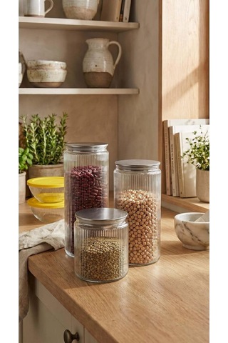 Fitilli Cam Saklama Kabı Seti, 1000 Ml 1500 Ml 2000 Ml, Metal Vakum Kapaklı, 3'lü Set