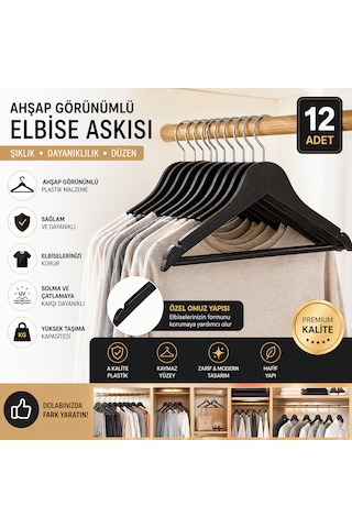12 Adet Plastik Elbise Askısı Dayanıklı Kalın Askı Seti, Kırılmaz Askılık, Dolap İçi Düzenleyici Askı Siyah