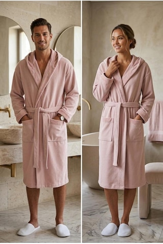 Soft Comfort Lacost Örgü Unisex Kapüşonlu Bornoz Pembe