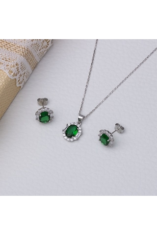 5-8 Mm Yeşil Oval Zirkon Taşlı 925 Ayar Gümüş Kadın 2'li Set Gümüş