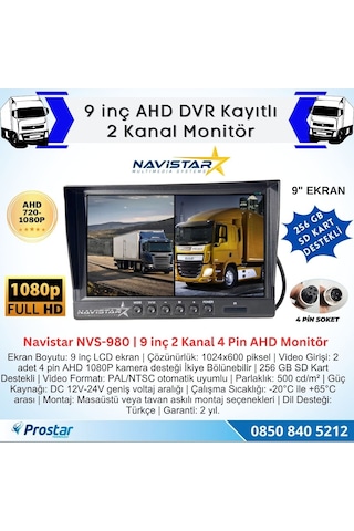 Kayıtlı 9 İnç İkiye Bölen 2 Kanal Split Ahd 1080p/720p Destekli 4 Pin 256 Gb Sd Destekli Monitör