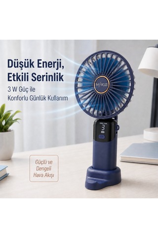 Şarjlı El Vantilatörü 5 Kademeli, Katlanabilir Dijital Ekranlı Mini El Fanı, 1200 Mah, 5 Pervaneli Güçlü Hava Akışı, Standlı Masaüstü Fan, Usb Şarjlı - Lacivert