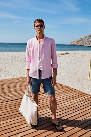 Grimelange Perttu Erkek %100 Pamuk Slim Fit Dar Kesim Düğmeli Yaka Keten Görünümlü Flamlı Pembe Göml Pembe