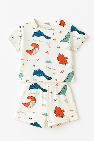 Luess Erkek Çocuk %100 Pamuk Renkli Dinazor Şortlu Pijama Takımı 3-4 Yaş 8-9 Yaş Beyaz