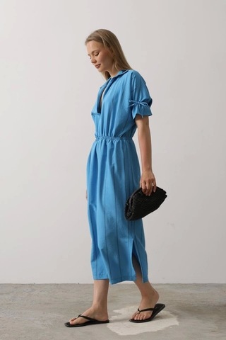 Defymoda Beli Lastikli Elbise - Mavi Mavi