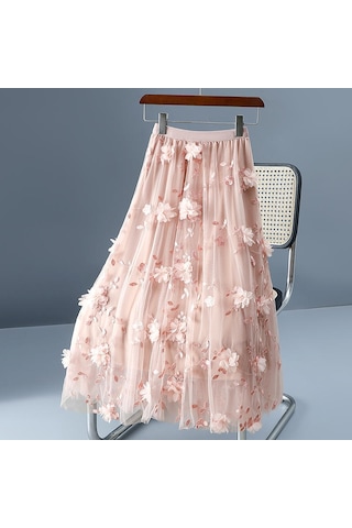 Lüks Kadın Etekler Kore Tarzı Moda Elastik Bel Aplikler Nakış Çiçek Örgü Etek Uzun Gazlı Bez Balo Etek Pembe