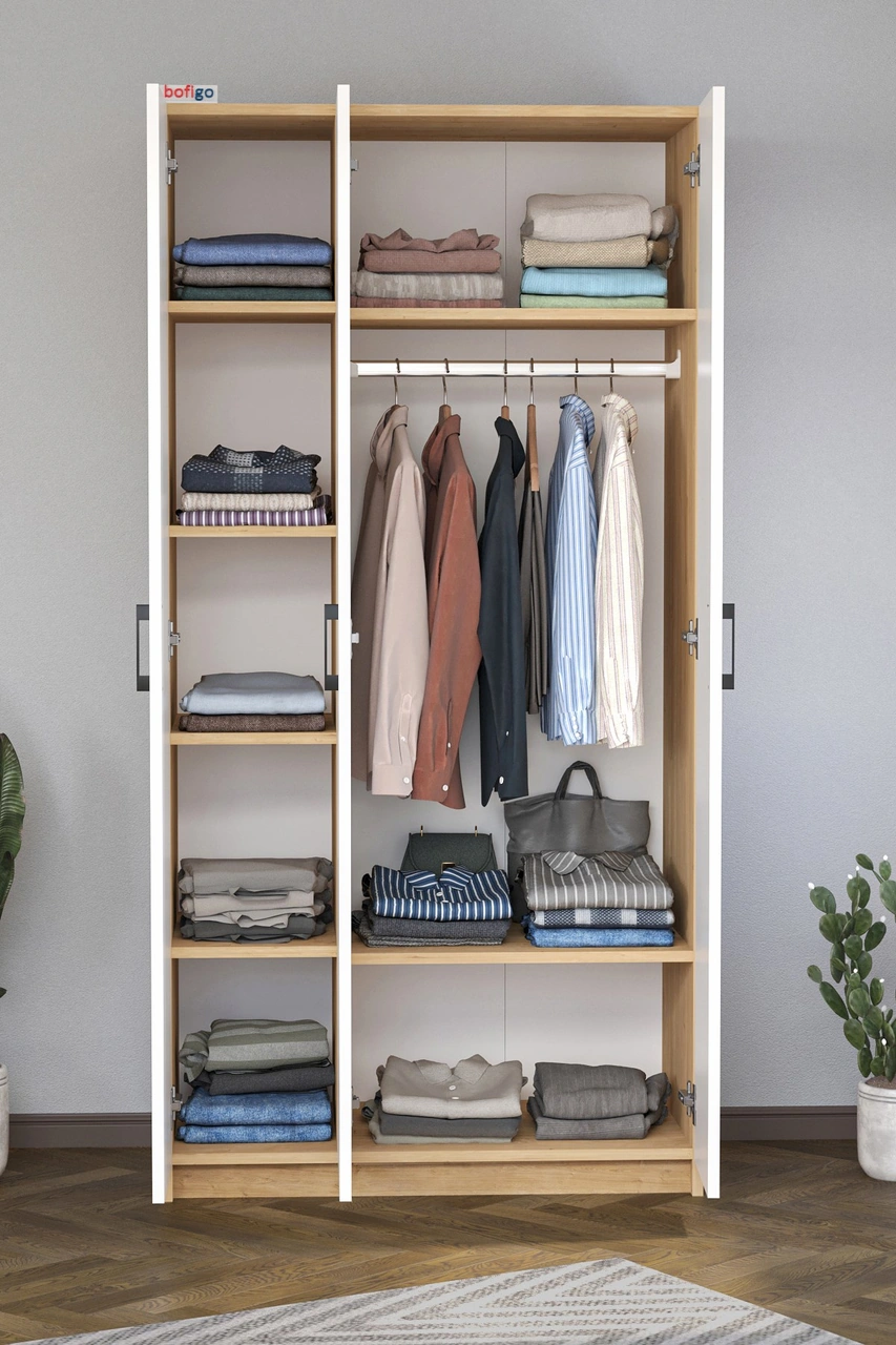 3 Kapaklı 8 Raflı Gardırop Elbise Dolabı 3 Kapaklı Gardırop Smyrna Safir Meşe Beyaz Safir Meşe