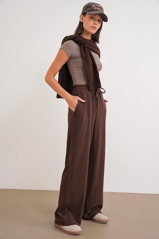 4757 Kadın Lastikli Bol Paça Örme Dökümlü Selanik Pantalon Kahve Kahve