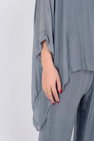 Bohem Stil İtalyan Yarasa Kol İpek Bluz & Pantolon Takım-8767 Koyu Gri