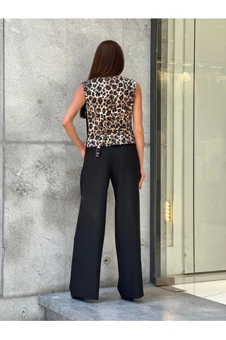Trend Kadın Önü Düğme Kapamalı Arkası Leopar Desenli Bol Pantolon İkili Takım Siyah