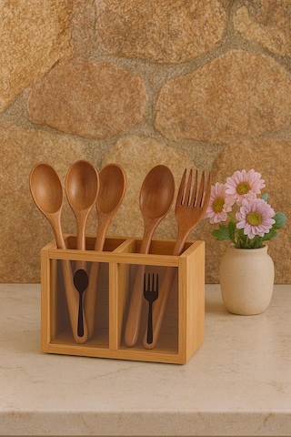Bambu Ikili Kaşıklık Kutusu, Bambu Çatal Kaşıklık 13cm Bambu