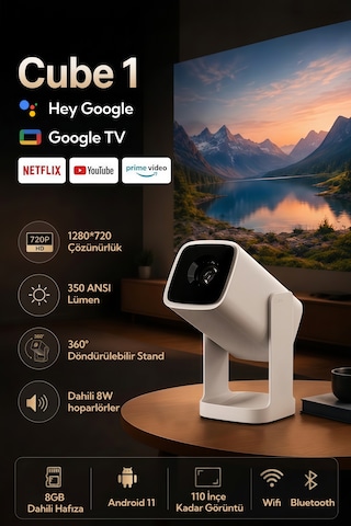 Wanbo Cube1 Projeksiyon Cihazı-Dahili Android TV 11.0 Widevine L1 sertifikalı & 8W Hoparlör - Beyaz