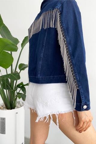 Femelle Kadın Sırtı Püsküllü Tasarım Denim Kot Ceket mavi