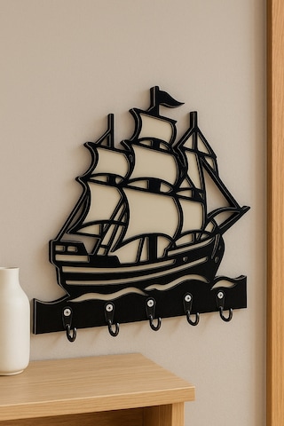 Gemi Figürlü Duvar Anahtarlık Askısı Siyah - Beyaz