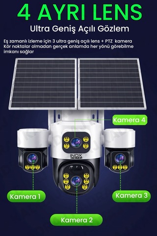 4 Kameralı Inox Modeli , 4g + E-sim, 2 Solar Panelli, Uzaktan İzleme , Hareket Takip , Alarm , Sesli Konuşma, 16000 Mah Batarya