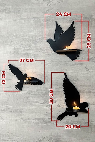 Dekoratif Kuş Duvar Rafı 3 Lü Set 30 Cm Duvar Mumluğu Siyah
