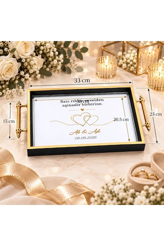 Bk Gift Kişiye Özel Siyah&gold Söz Nişan Tepsisi-2 - 39x23 Cm Çok Renkli