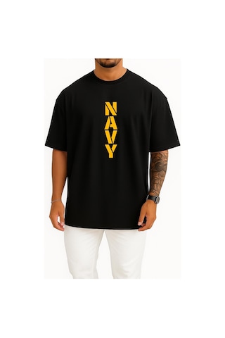 Bahriyeli Collection Oversize Vert Navy Göğüs Ve Sırt Baskılı Unisex T-shirt Siyah