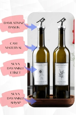 Ahşap Stantlı Amber 2'li 750 Ml Zeytinyağı Sıvıyağ Şişesi Yağd...
