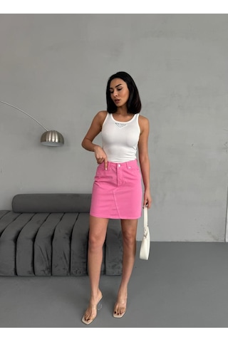 Zeo Basic Dikiş Detaylı Mini Pink Etek Pembe