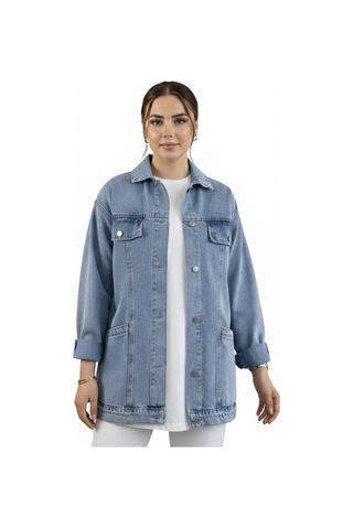 Hb Harma Time Butik Kadın Cep Detaylı Denim Mavi Kot Ceket