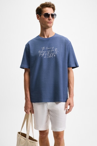 Grimelange BONDIA Erkek Baskı Detaylı %100 Organik Pamuk Oversize Fit Bisiklet Yakalı Kısa Kollu İndigo T-Shirt