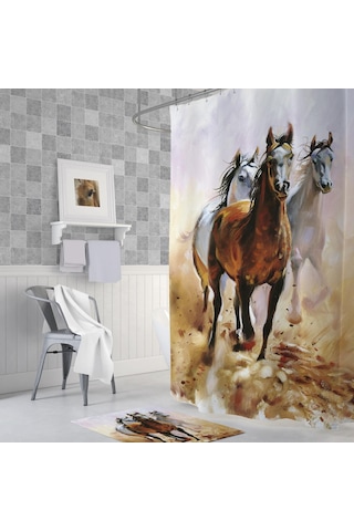 Banyo Paspas Ve Tek Kanat Duş Perdesi 1x180x200 Set Banyo Halısı Horses Beyaz