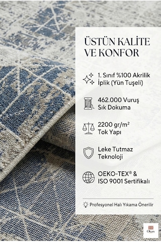Premium Modern Soyut Desenli Akrilik Salon Halısı - Gri Mavi Eskitme Geometrik Tasarım Çok Renkli