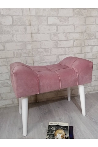 Pudra Rengi Puf Ahşap Beyaz Ayak Çima Dikiş Spor Modern Tasarım