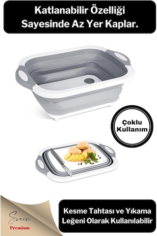 Katlanabilir Bulaşık Yıkama Leğeni Süzgeçli Kesme Doğrama Tahtası Ve Akordiyon Tıpalı Badya 1 Adet
